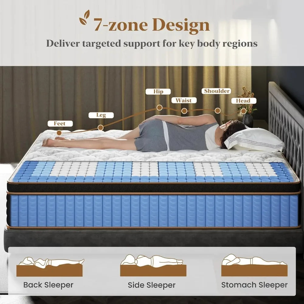 Queen Mattress 12 Inch Cooling Hybrid Bed in a Box 7-Zones Individual Pocket Spring