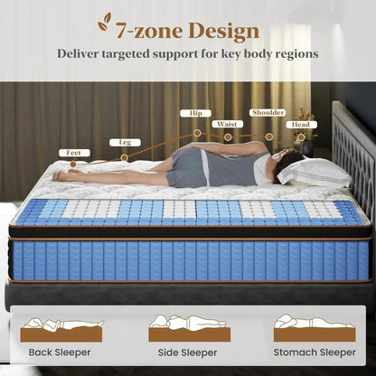Queen Mattress 12 Inch Cooling Hybrid Bed in a Box 7-Zones Individual Pocket Spring